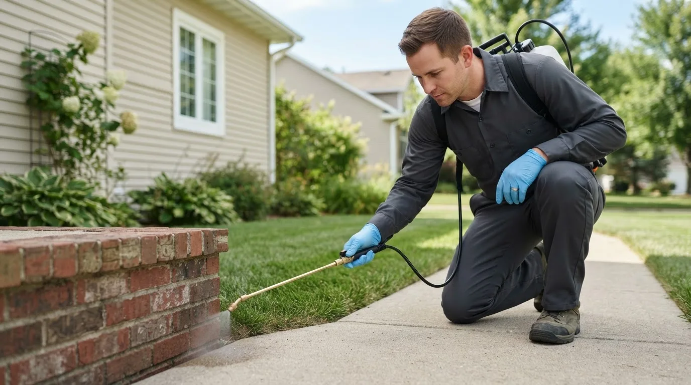 Pest control technician treating a home near Laketown, UT